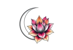 small colorful crescent moon with lotus flower tattoo idea