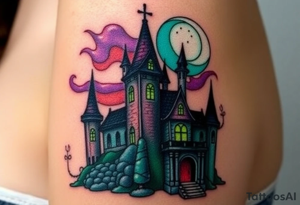 Tim Burton’s disney sleeping beauty’s haunted castle is abandoned and dripping with muted reds, dusty pinks, and eerie green glow.purple and cyan smokey clouds swirl in the crescent moonlit sky thats sprinkled with stars tattoo idea tattoo idea