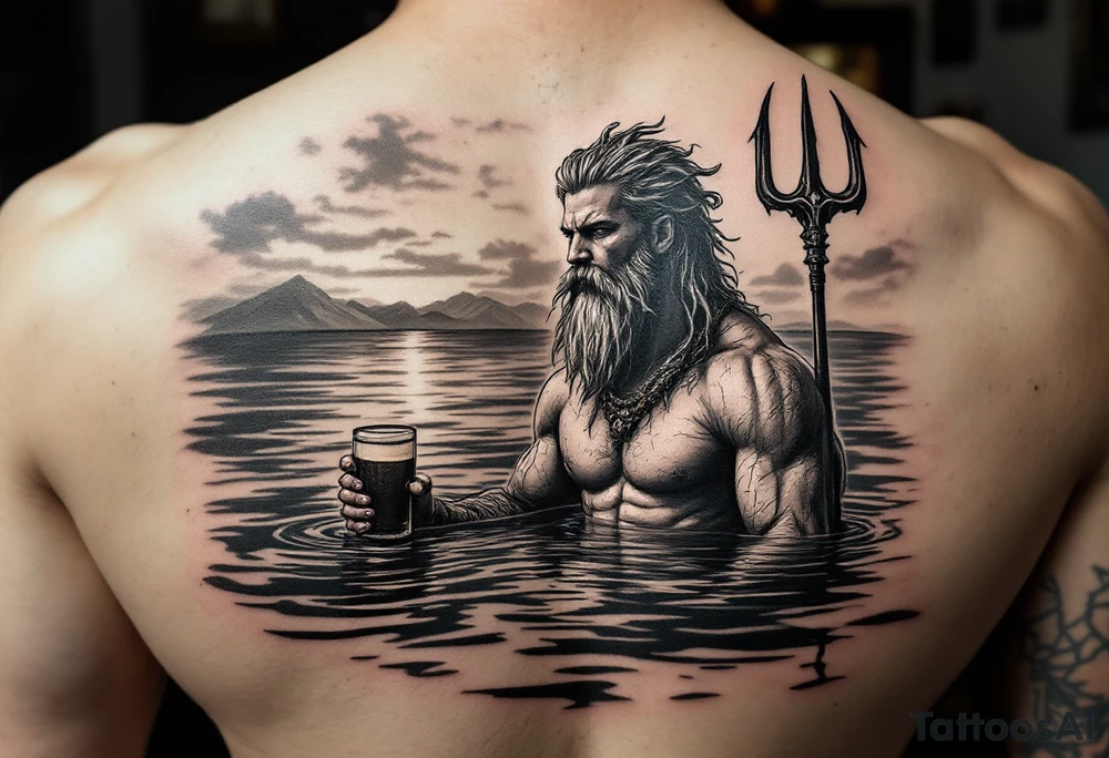 young, fit poseidon in calm water, holding a trident, holding a beer, looking at the horizon tattoo idea