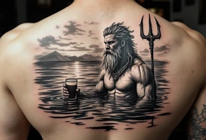 young, fit poseidon in calm water, holding a trident, holding a beer, looking at the horizon tattoo idea