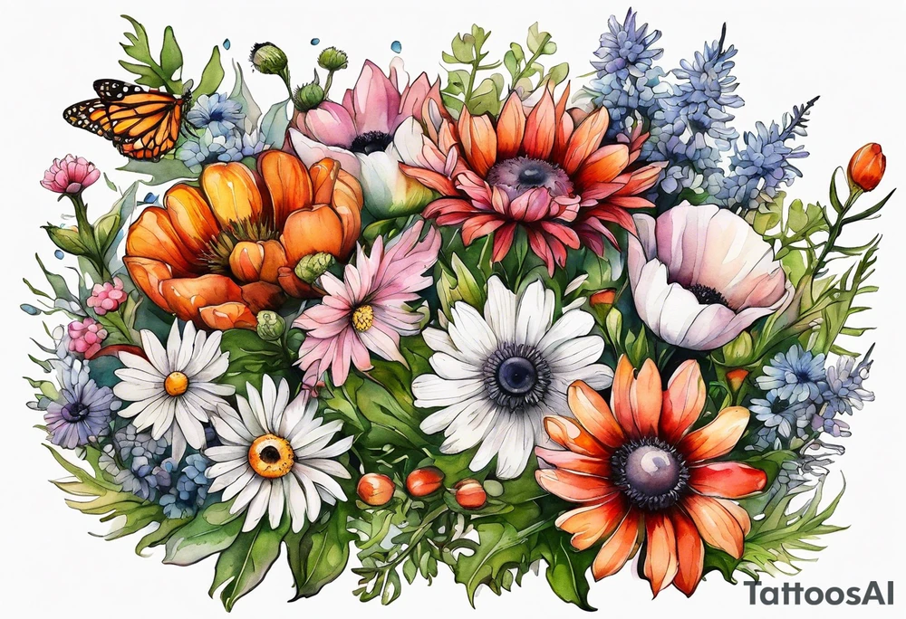 wildflowers with thistles, ferns, white anemones, sun flowers, orange flowers, pink flowers, red flowers, babys breath and daisies all in watercolor tattoo idea