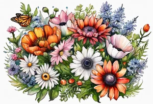 wildflowers with thistles, ferns, white anemones, sun flowers, orange flowers, pink flowers, red flowers, babys breath and daisies all in watercolor tattoo idea