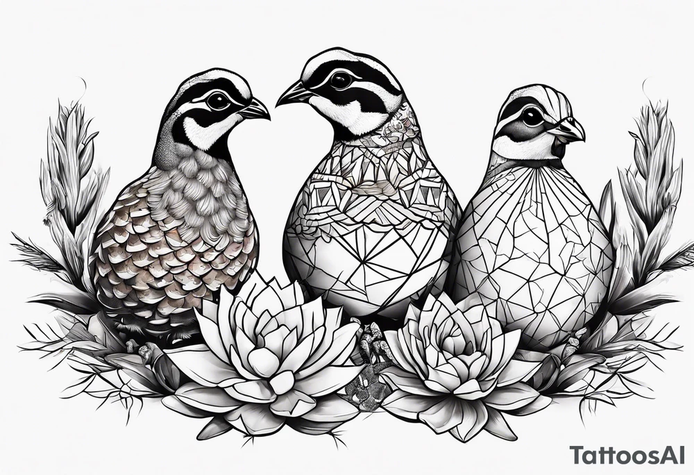 Three quails, desert flowers, cactus tattoo idea