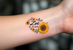 Zorka 14. 10. 2019 – Bright yellow sunflowers surrounding Zoe's birthdate, with tiny green leaves scattered throughout. tattoo idea