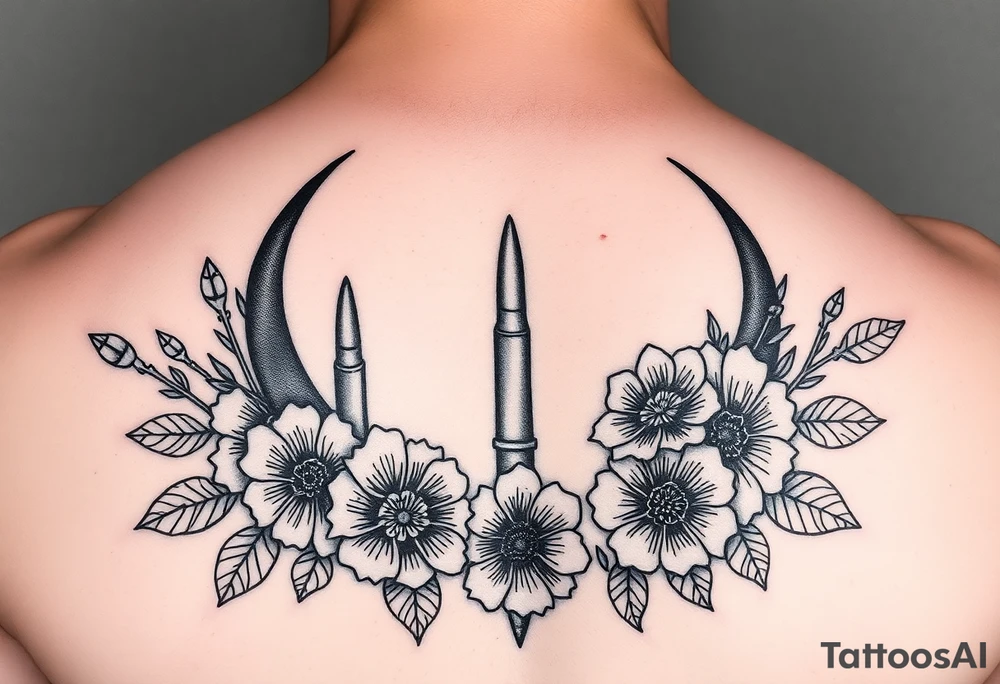 waxing crescent, bullets, flowers, music tattoo idea