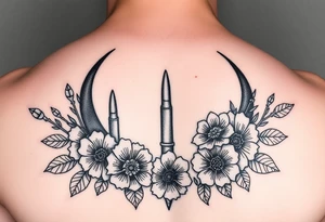 waxing crescent, bullets, flowers, music tattoo idea