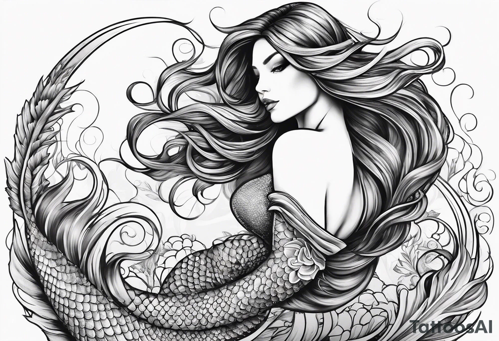 sexy full bodied mermaid with flowing tail and hair, tattoo sleeve tattoo idea