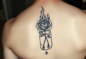 a rose on fire trapped in a jar with water drops tattoo idea