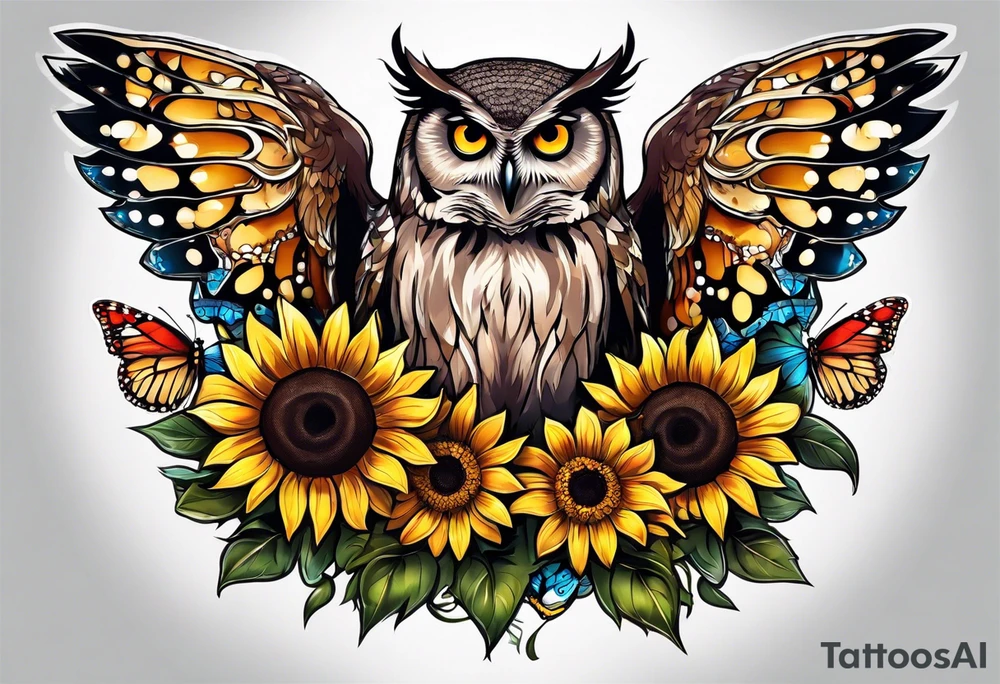 Arm sleeve with an owl surrounded by sunflowers with a butterfly on the sunflower tattoo idea