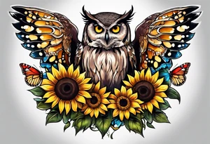 Arm sleeve with an owl surrounded by sunflowers with a butterfly on the sunflower tattoo idea