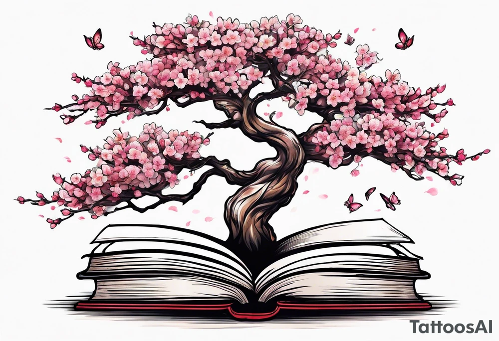 Cherry blossom tree growing out of a stack of books tattoo idea