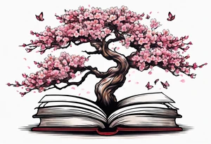 Cherry blossom tree growing out of a stack of books tattoo idea