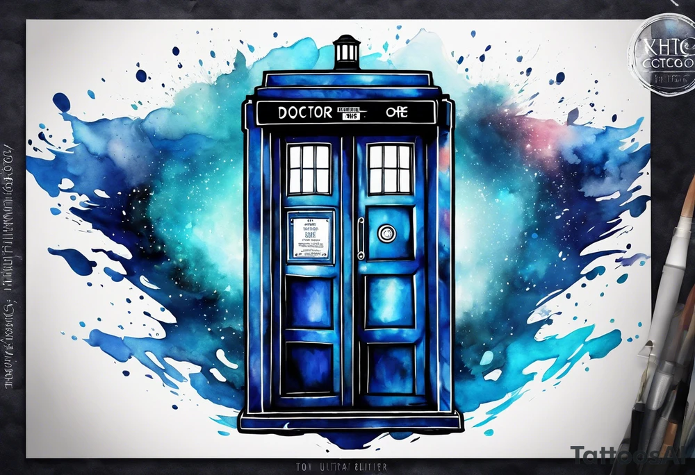 Doctor who tardis with water color coming out around the edges tattoo idea