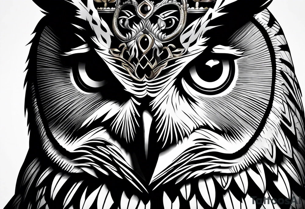 Documentary style portrait of an evil king owl, intricate details captured as if for a magazine cover, embodying the essence of a captivating tattoo design tattoo idea