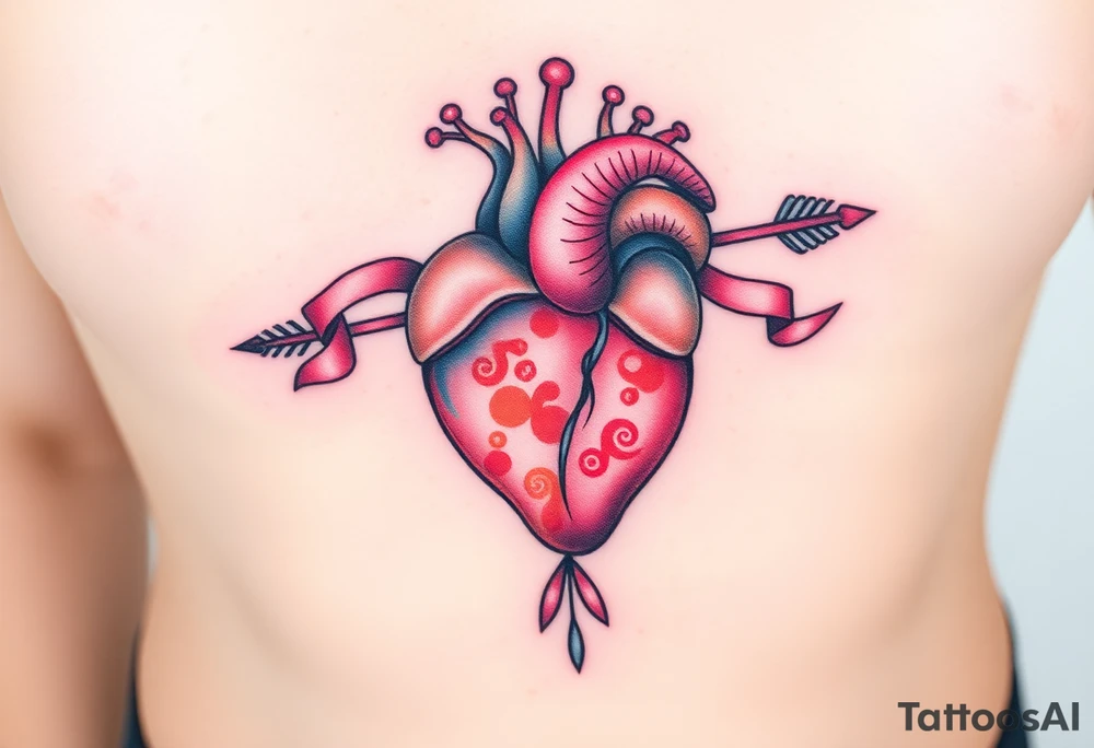 anatomical heart pierced by ornate arrow with flowing ribbons tattoo idea