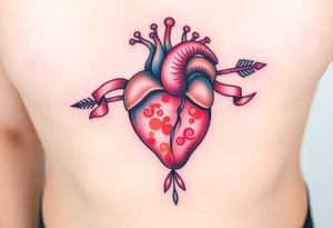 anatomical heart pierced by ornate arrow with flowing ribbons tattoo idea