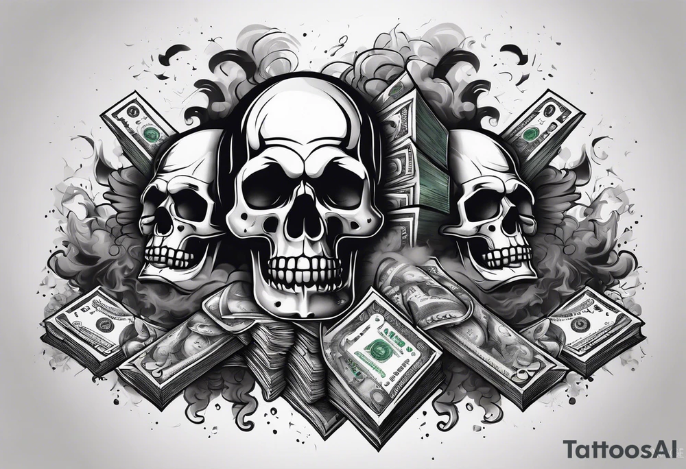 Smoke rising money stacks Savage letters skulls tattoo idea