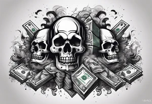 Smoke rising money stacks Savage letters skulls tattoo idea