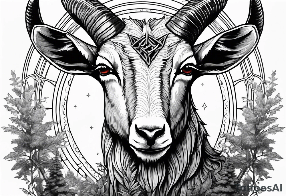 Satanic goat with horns (full body) in a forest with a pentagram in it’s forehead tattoo idea