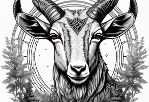 Satanic goat with horns  (full body) in a forest with a pentagram in it’s forehead tattoo idea