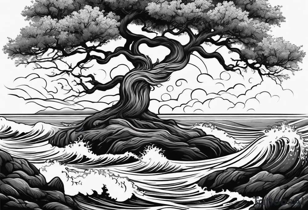 tall oak tree with roots growing around calming waves and a phoenix for forearm tattoo idea