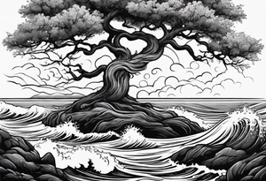 tall oak tree with roots growing around calming waves and a phoenix for forearm tattoo idea