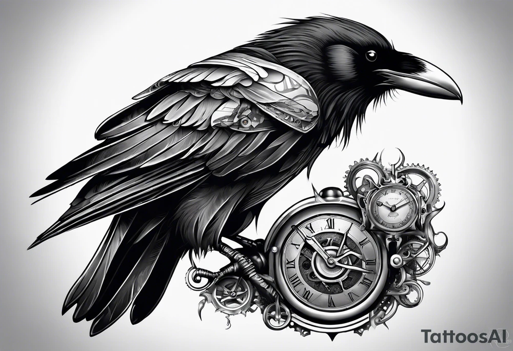 Raven sitting on a clockwork tattoo idea