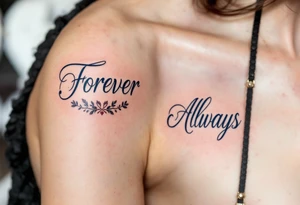 Elegant script “Forever” in burgundy on her shoulder and “Always” in navy for his shoulder inked over the heart show eternal devotion. tattoo idea