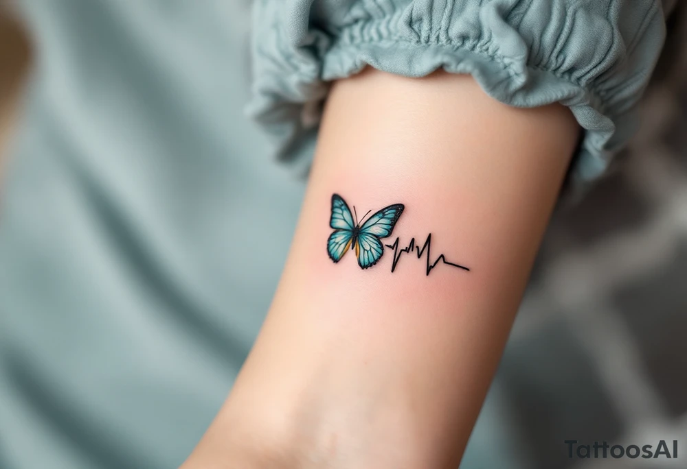 A black EKG waveform tattoo with a small teal butterfly at the end, symbolizing transformation and freedom. tattoo idea