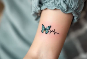 A black EKG waveform tattoo with a small teal butterfly at the end, symbolizing transformation and freedom. tattoo idea