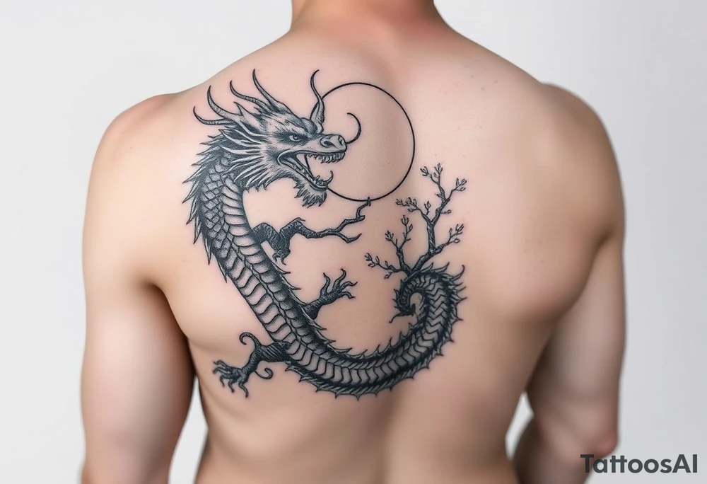 forearm sleeve tattoo, a dragon with a sakura tree and moon tattoo idea