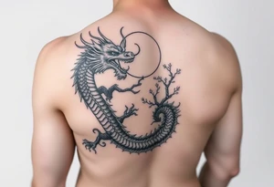 forearm sleeve tattoo, a dragon with a sakura tree and moon tattoo idea