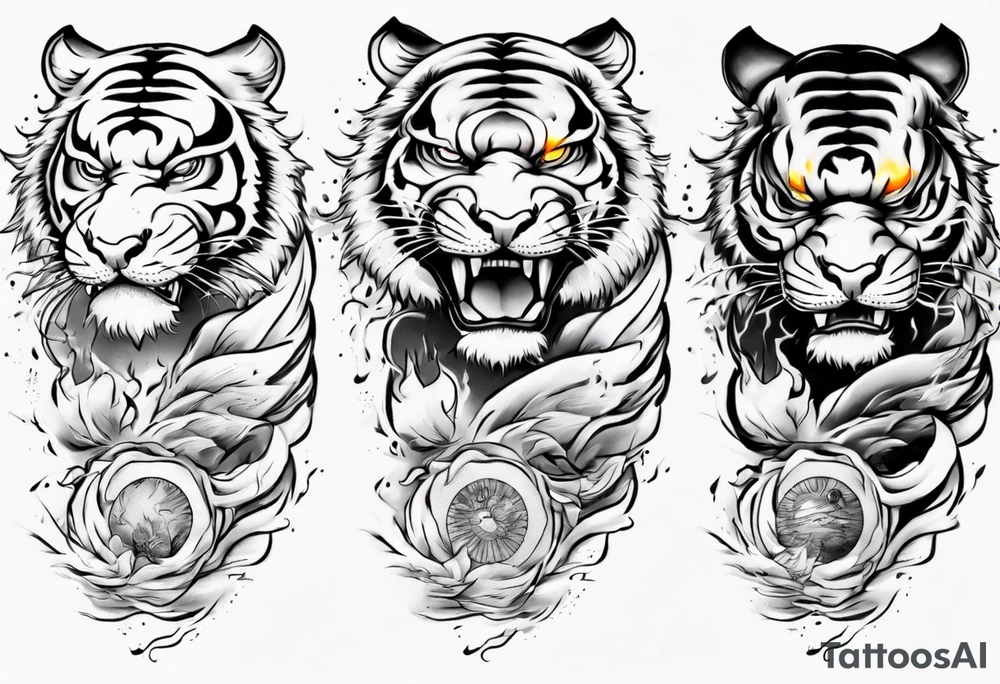 Tiger design with lightning and the sun for a forearm sleeve tattoo idea