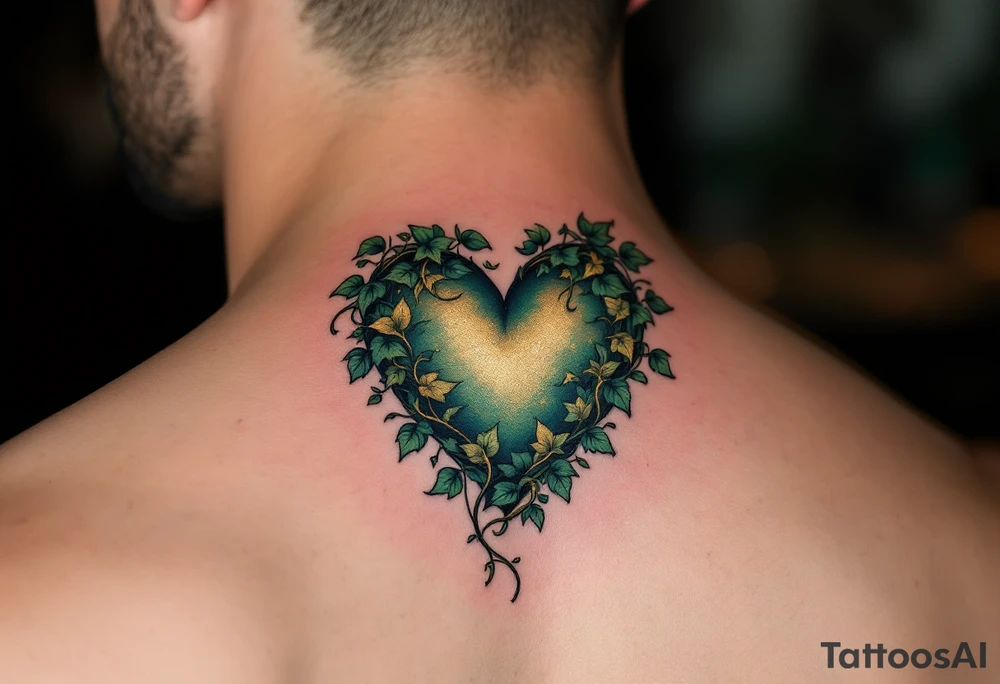 An ivy-covered heart emerging from the skin, shaded in deep emerald and gold tattoo idea