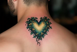 An ivy-covered heart emerging from the skin, shaded in deep emerald and gold tattoo idea