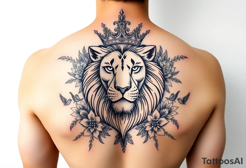 powerful majestic lion with a crown, surrounded by floral ornaments and birds tattoo idea