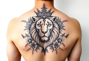 powerful majestic lion with a crown, surrounded by floral ornaments and birds tattoo idea