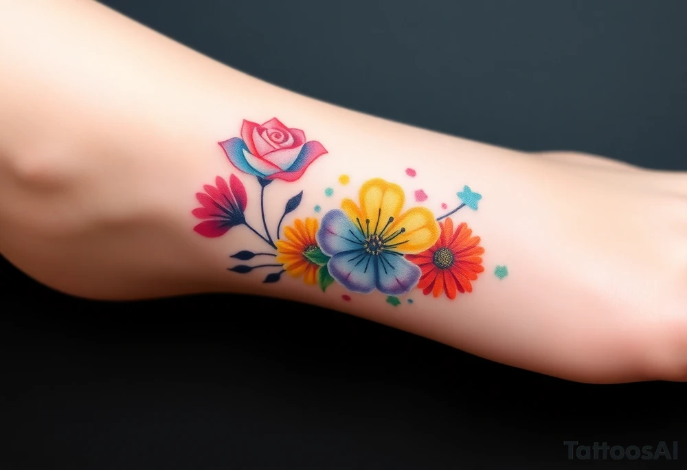 a colorful, vibrant, rainbow watercolor tattoo with one rose, one lily, one marigold, and one cosmos flower and with splashes of color tattoo idea