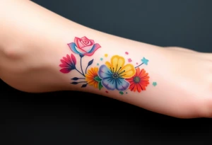 a colorful, vibrant, rainbow watercolor tattoo with one rose, one lily, one marigold, and one cosmos flower and with splashes of color tattoo idea