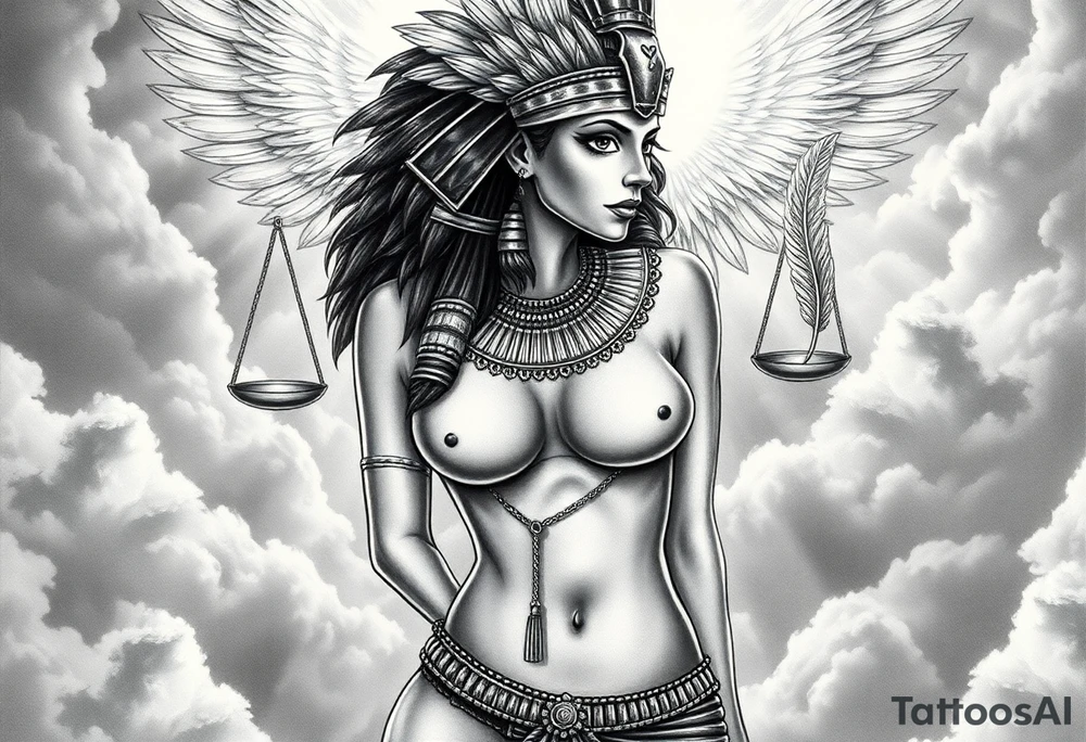 Sexy Egyptian goddess with a curvy body, breasts showing, and wide hips. She is wearing an ostrich feather headdress, and intricate ancient Egyptian jewelry the Anhk necklace. Background includes something similar to heaven. Incorporate the Scales of Justice—one side holding a heart, the other Ma’at’s feather—glowing with ethereal energy. Emphasize dramatic lighting, deep shadows, and surreal, mystical atmosphere tattoo idea