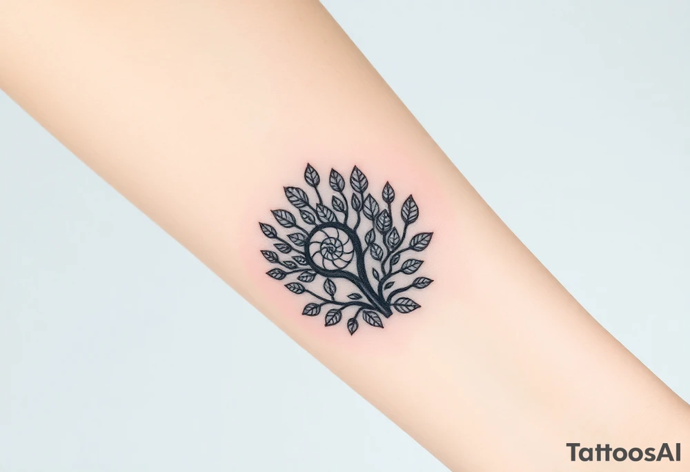 Fibonacci spiral shell on side of base of tree full of lots of leaves tattoo idea