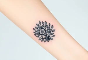 Fibonacci spiral shell on side of base of tree full of lots of leaves tattoo idea