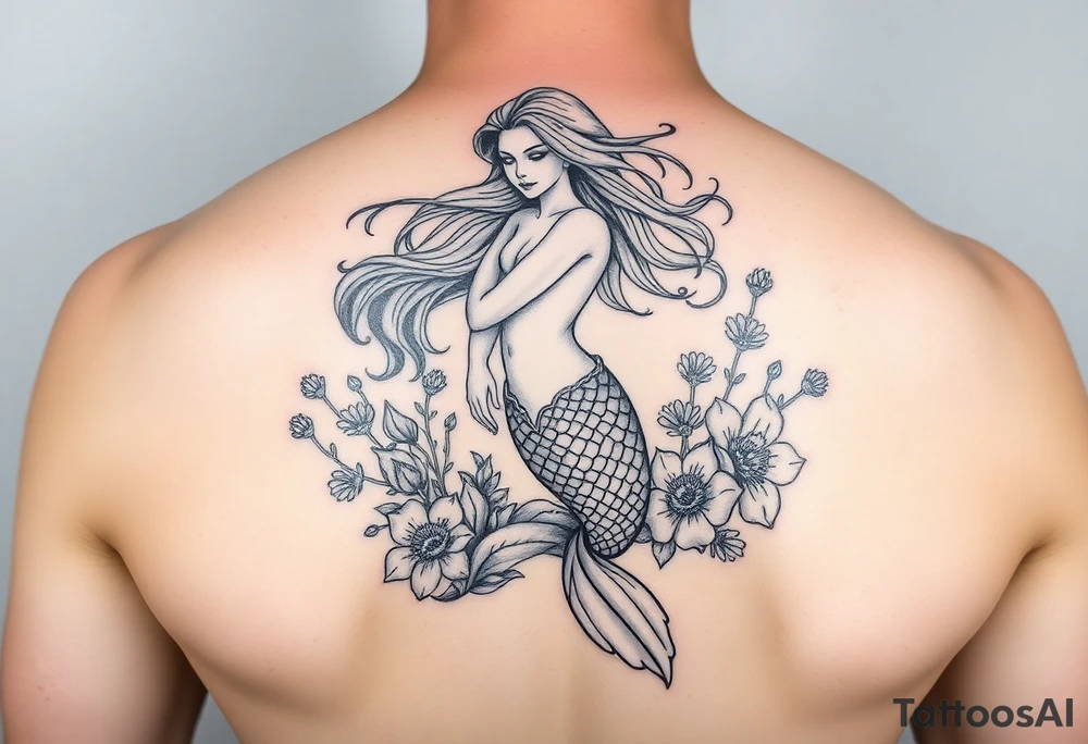 ethereal mermaid with flowing hair among coral and sea flowers tattoo idea