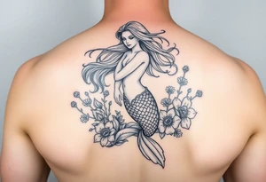 ethereal mermaid with flowing hair among coral and sea flowers tattoo idea
