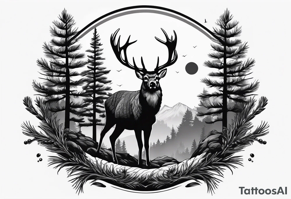 tall pine trees, turkey foot tracks, one deer antler tattoo idea