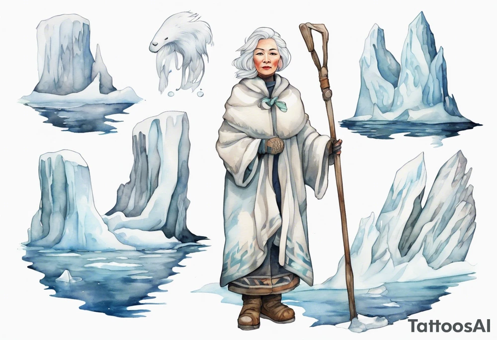 a middle aged Inuit woman with white hair, wearing mittens, wearing a white cloak, holding a white staff, wearing mukluks, standing on an iceberg in the sea tattoo idea