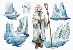 a middle aged Inuit woman with white hair, wearing mittens, wearing a white cloak, holding a white staff, wearing mukluks, standing on an iceberg in the sea tattoo idea