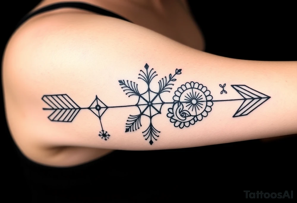 Geometric arrow with 5 Symbolic elements for each family member. Two base elements for my husband and I, intertwined floral patterns like mirrored vines or spiral paisleys representing our identical twins, and a Gemini zodiac sign for my son. Use feminine-yet-bold linework and Interconnected elements to reflect family unity tattoo idea