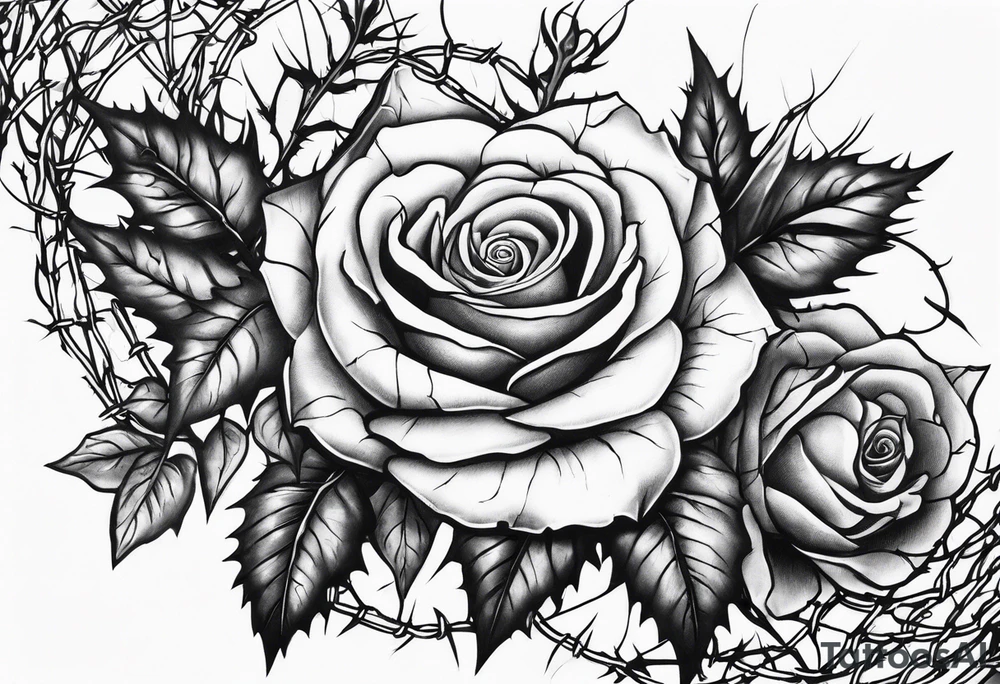 Foliage arm sleeve that has barbed wire that turns into rose thorns tattoo idea