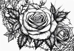 Foliage arm sleeve that has barbed wire that turns into rose thorns tattoo idea